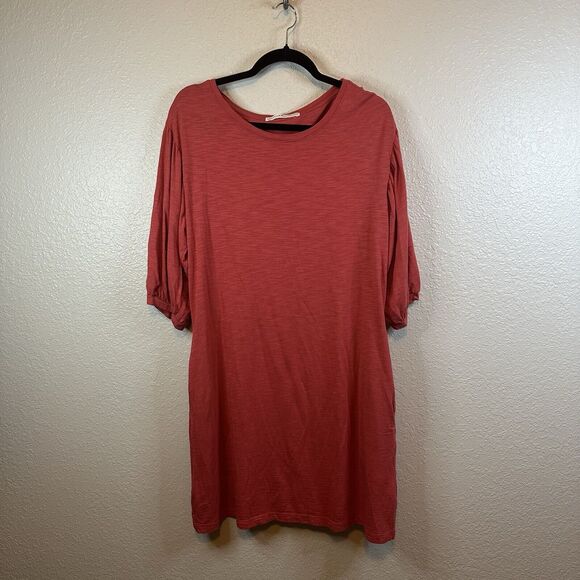 Peruvian Connection Red‎ Orange Small Balloon Sleeve Mini Dress Pockets Travel - Picture 1 of 8